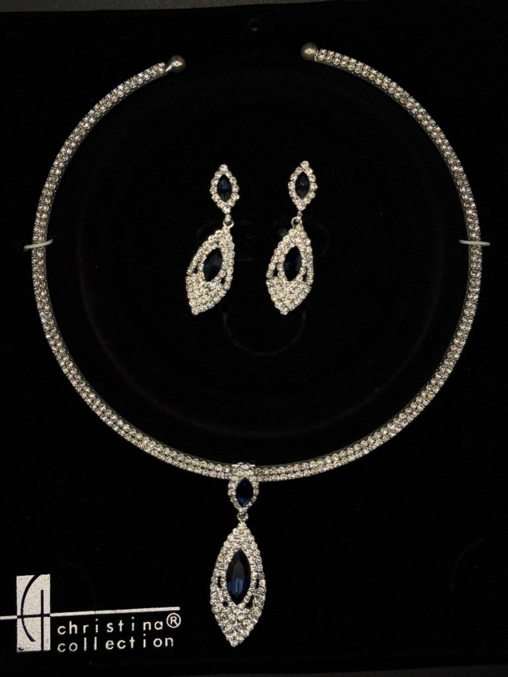 Christina Collection Blue Crystal Rhinestone Necklace & Earrings Jewelry Set Wed